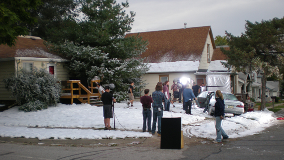 fake snow  movie crew at work  on a fake snow scene