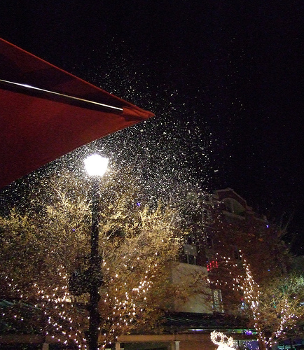 fake snow machines made with winter wonderland  mount on lampposts