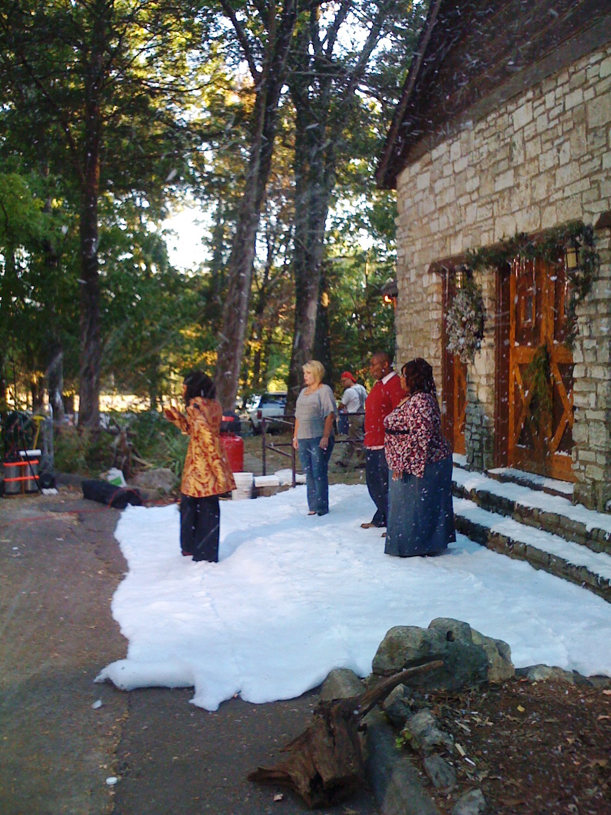 on a video set with snow bankets