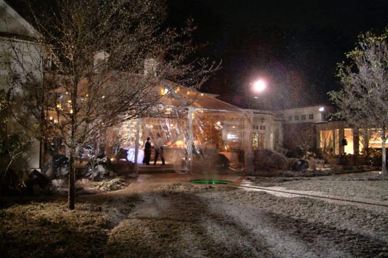 yard flocked with faux snow