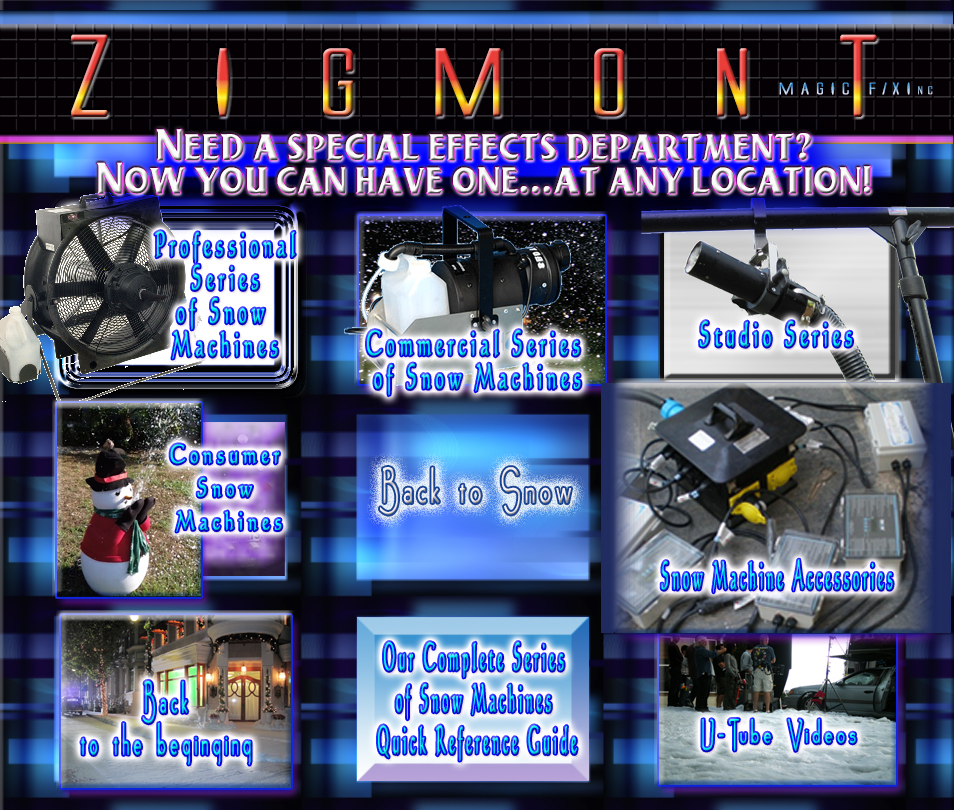 Snow Machine rental options with professional snow machine series, commerical snow machine series, consumers snow machines, TV and Hollywood studio series snow machines