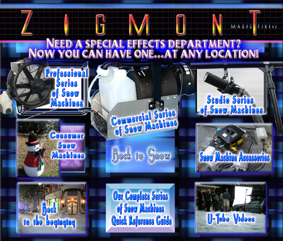 Snow Machine rental options with professional snow machine series, commerical snow machine series, consumers snow machines, TV and Hollywood studio series snow machines
