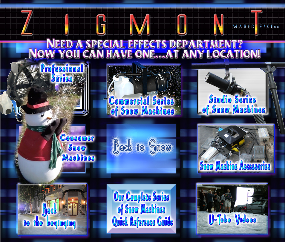 Snow Machine rental options with professional snow machine series, commerical snow machine series, consumers snow machines, TV and Hollywood studio series snow machines